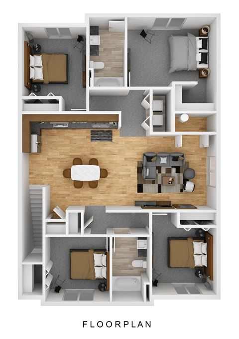 Floor plan for 4 beds, 2 baths, 1356 sqft